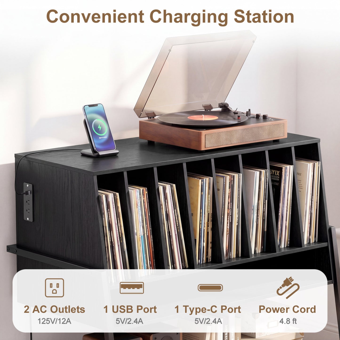 Turntable Stand With Vinyl Shelves, Charging Station, Black End & Side Tables at Gallery Canada
