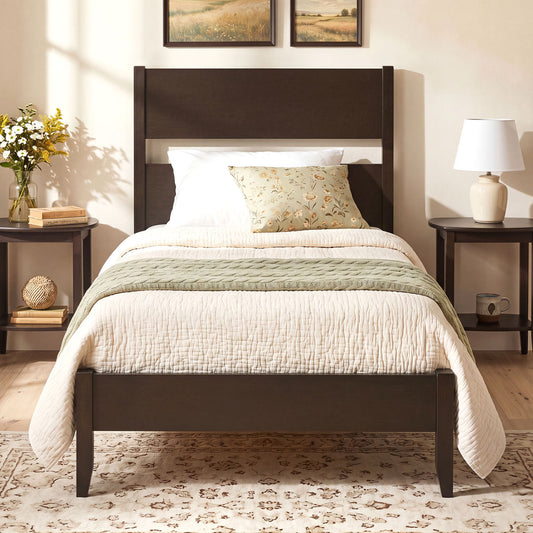 Twin Bed Frame with Headboard, Solid Wood Legs, 12 Slats, Warm Brown Beds & Bed Frames Brown at Gallery Canada