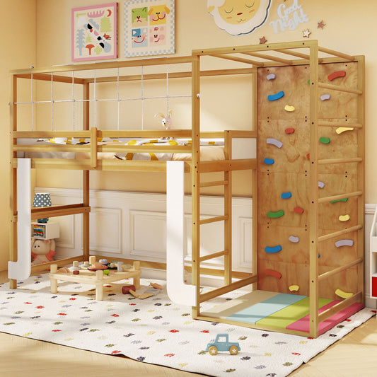 Twin Bunk Bed With Jungle Gym, Wooden Loft Bed, Climbing Ladder, Natural Bunk Bed Frame Natural at Gallery Canada