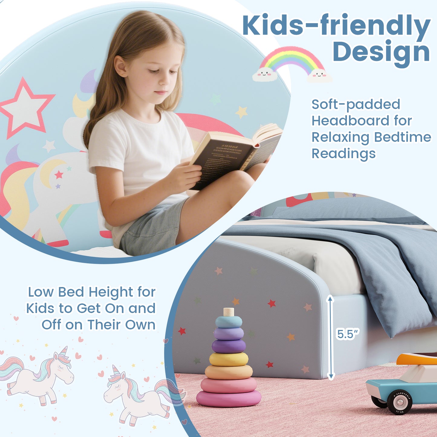 Twin Floor Bed Frame, Upholstered Kids Bed, Twin Size, Blue Toddler Beds at Gallery Canada