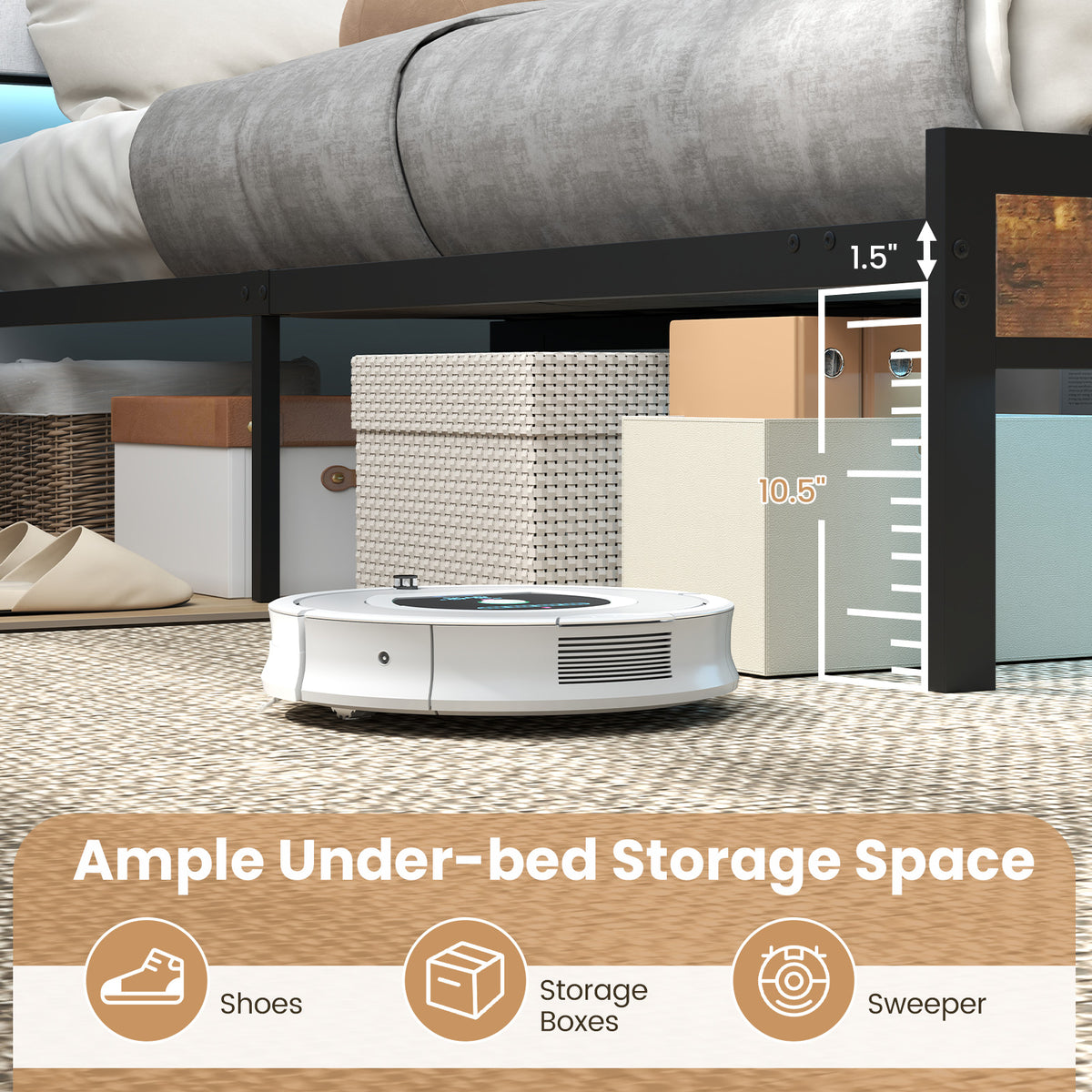 Queen Size Bed Frame With LED Light, Charging Station, Gray Simple Bed Frame at Gallery Canada