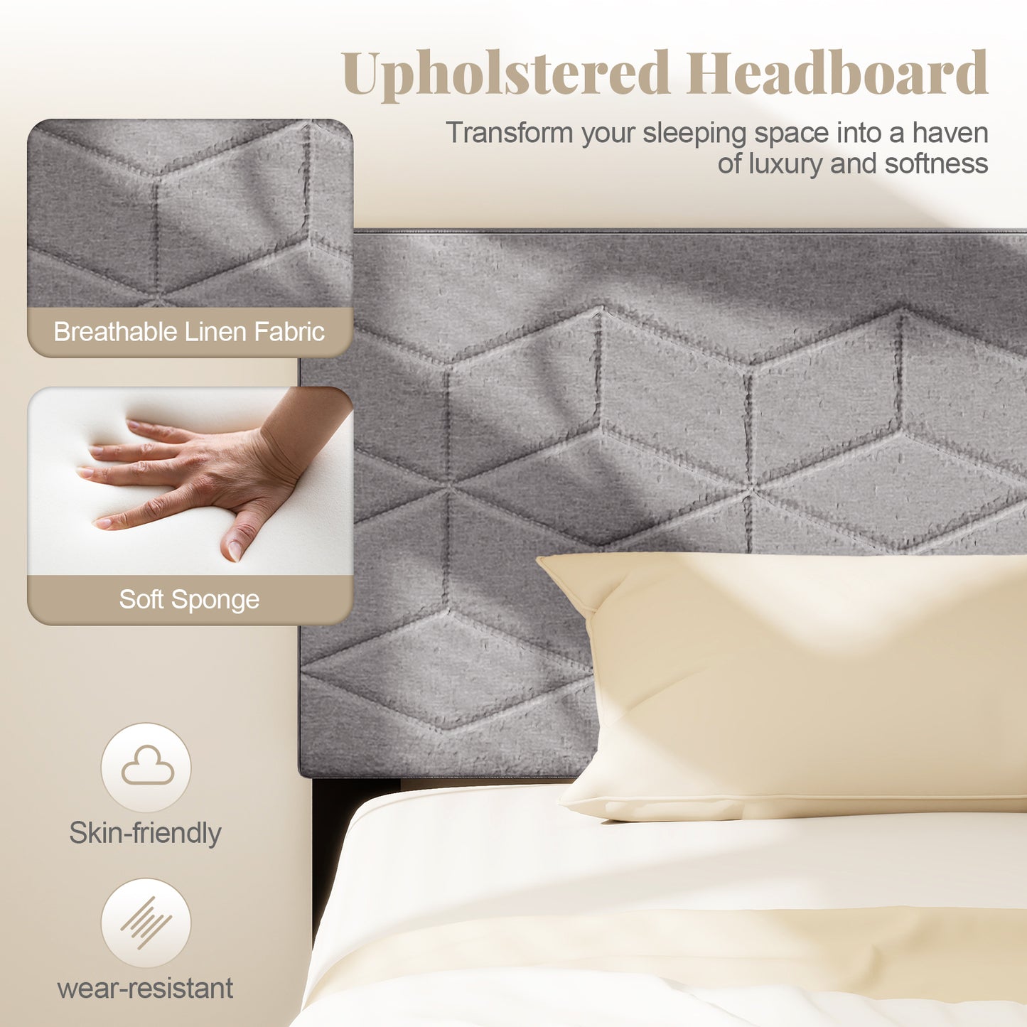 Modern Platform Bed Frame, Full Size, Linen Fabric Headboard, Gray Simple Bed Frame at Gallery Canada