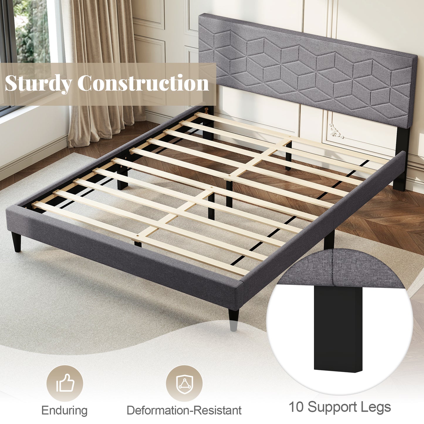 Queen Size Platform Bed Frame, Linen Upholstered Headboard, Gray Simple Bed Frame at Gallery Canada