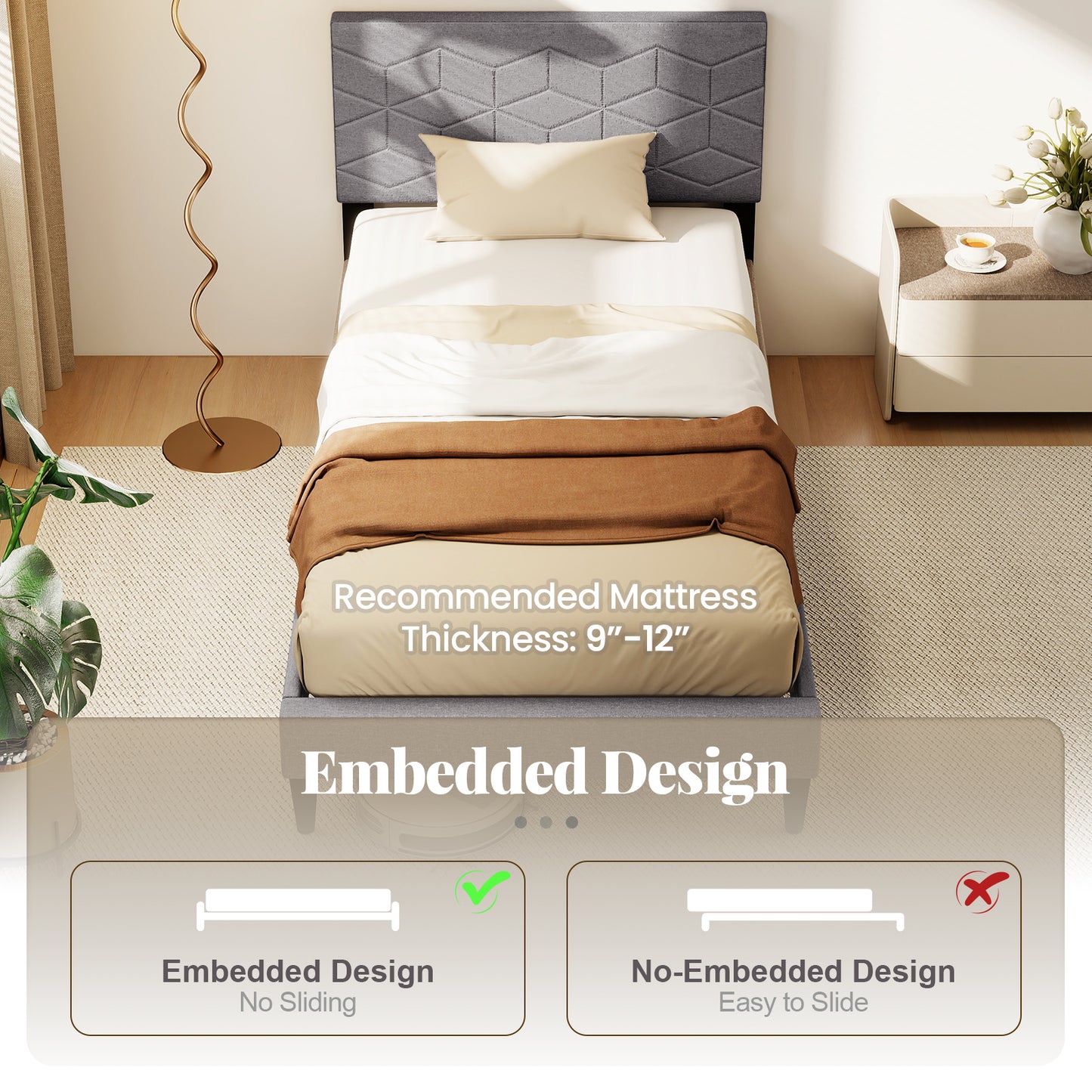 Twin Size Platform Bed Frame With Linen Fabric Headboard, Gray Simple Bed Frame at Gallery Canada