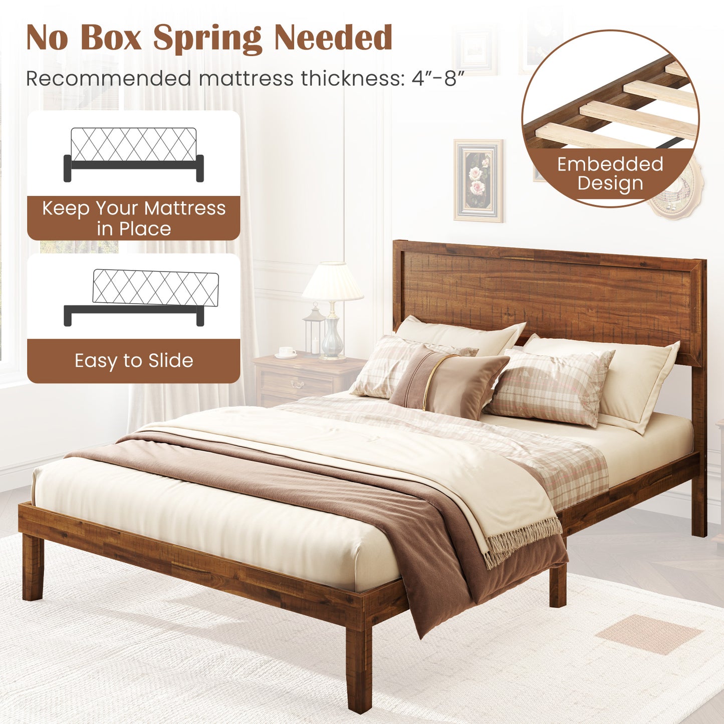 Full Size Bed Frame With Headboard, Wooden Slats, Walnut Simple Bed Frame at Gallery Canada