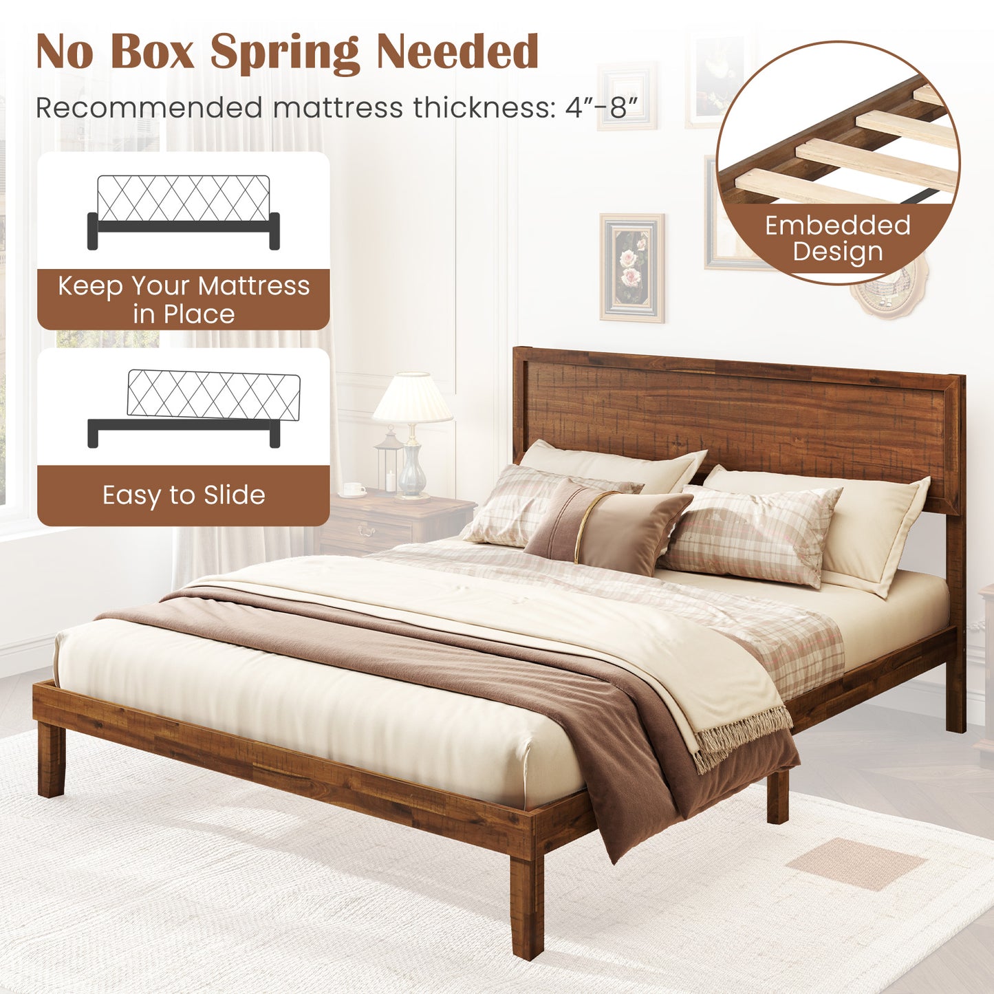 Queen Size Bed Frame With Headboard, Wooden Slats, Walnut Simple Bed Frame at Gallery Canada