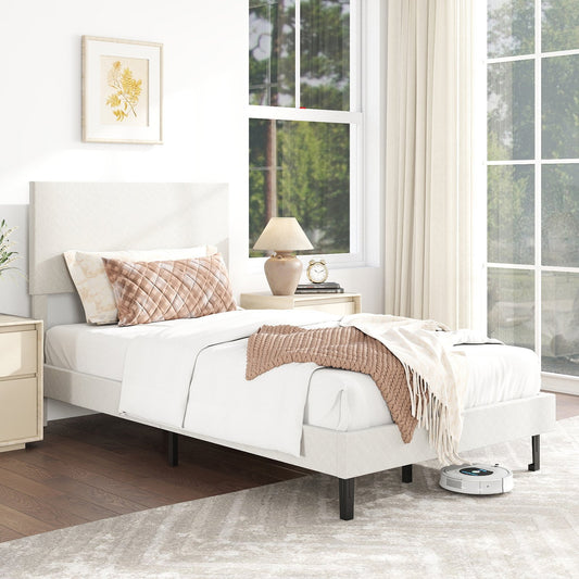 Twin/Full/Queen Size Velvet Bed Frame Upholstered Platform Bed with Chevron Headboard Beige-Twin Simple Bed Frame Options at Gallery Canada