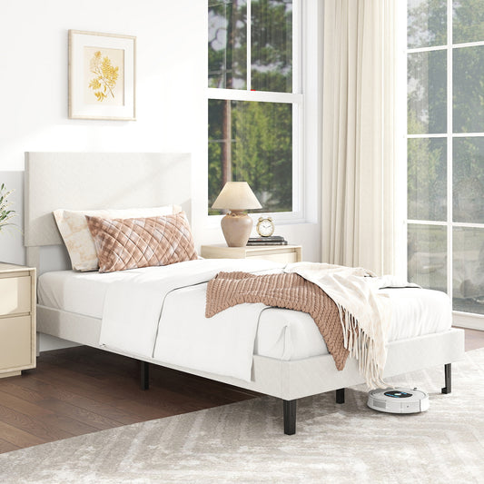 Twin/Full/Queen Size Velvet Bed Frame Upholstered Platform Bed with Chevron Headboard Beige-Twin Simple Bed Frame Options at Gallery Canada