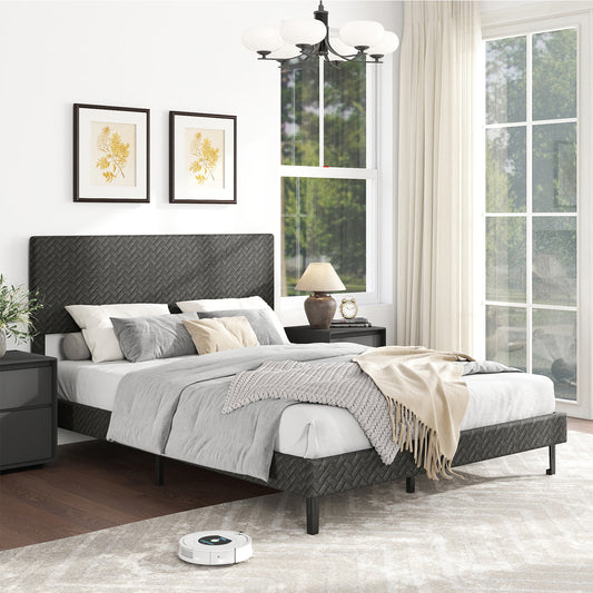 Twin/Full/Queen Size Velvet Bed Frame Upholstered Platform Bed with Chevron Headboard Gray-Queen Simple Bed Frame Queen at Gallery Canada