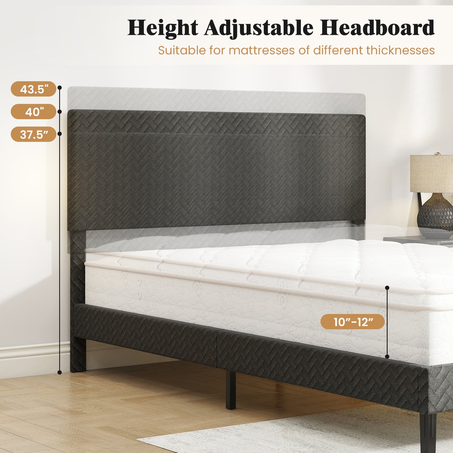 Twin/Full/Queen Size Velvet Bed Frame Upholstered Platform Bed with Chevron Headboard Gray-Queen Simple Bed Frame at Gallery Canada