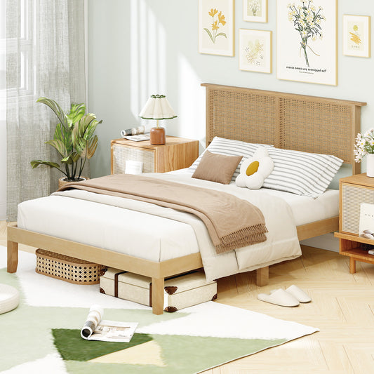 Twin Full Queen Bed Frame With Rattan Headboard, Full Size, Natural Simple Bed Frame Natural at Gallery Canada