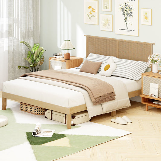Queen Size Bed Frame With Rattan Headboard, Natural Simple Bed Frame Natural at Gallery Canada