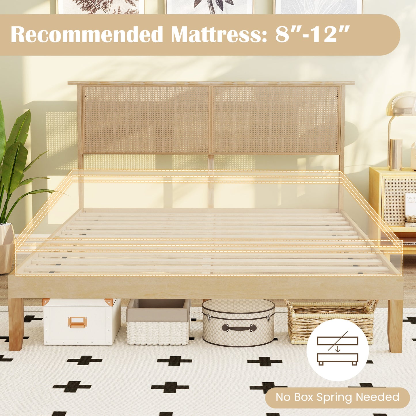 Queen Size Bed Frame With Rattan Headboard, Natural Simple Bed Frame at Gallery Canada