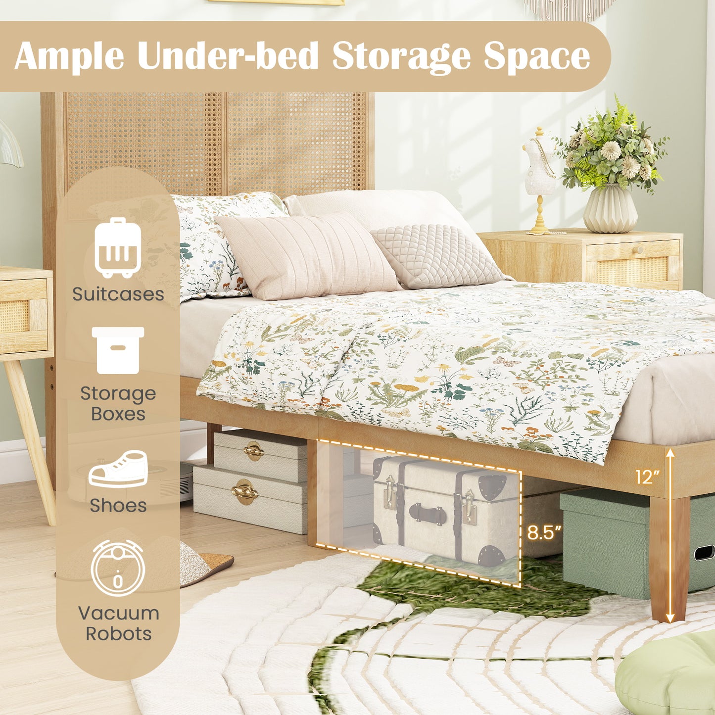 Twin Size Bed Frame With Rattan Headboard, Natural Simple Bed Frame at Gallery Canada