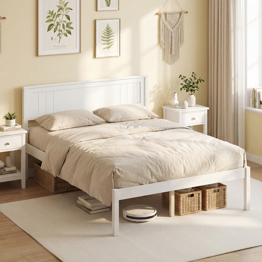Full Size Sturdy Wooden Bed Frame With Headboard And Slat Support, White Simple Bed Frame White at Gallery Canada