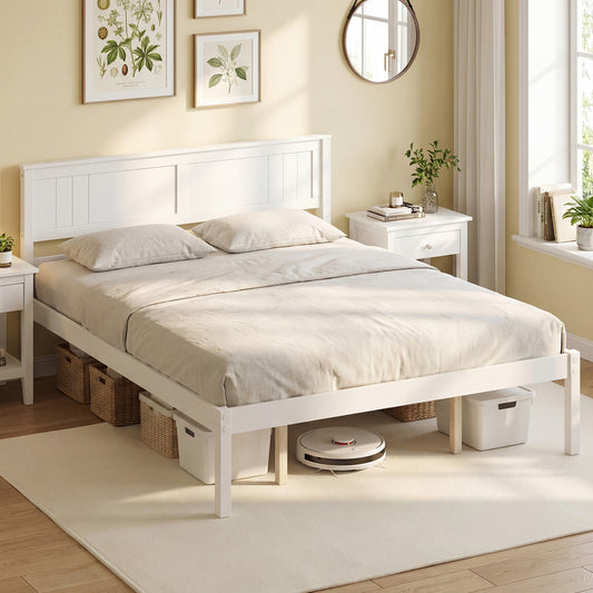 Twin/Full/Queen Size Sturdy Wooden Bed Frame with Headboard and Slat Support-Queen Size, White Simple Bed Frame White at Gallery Canada