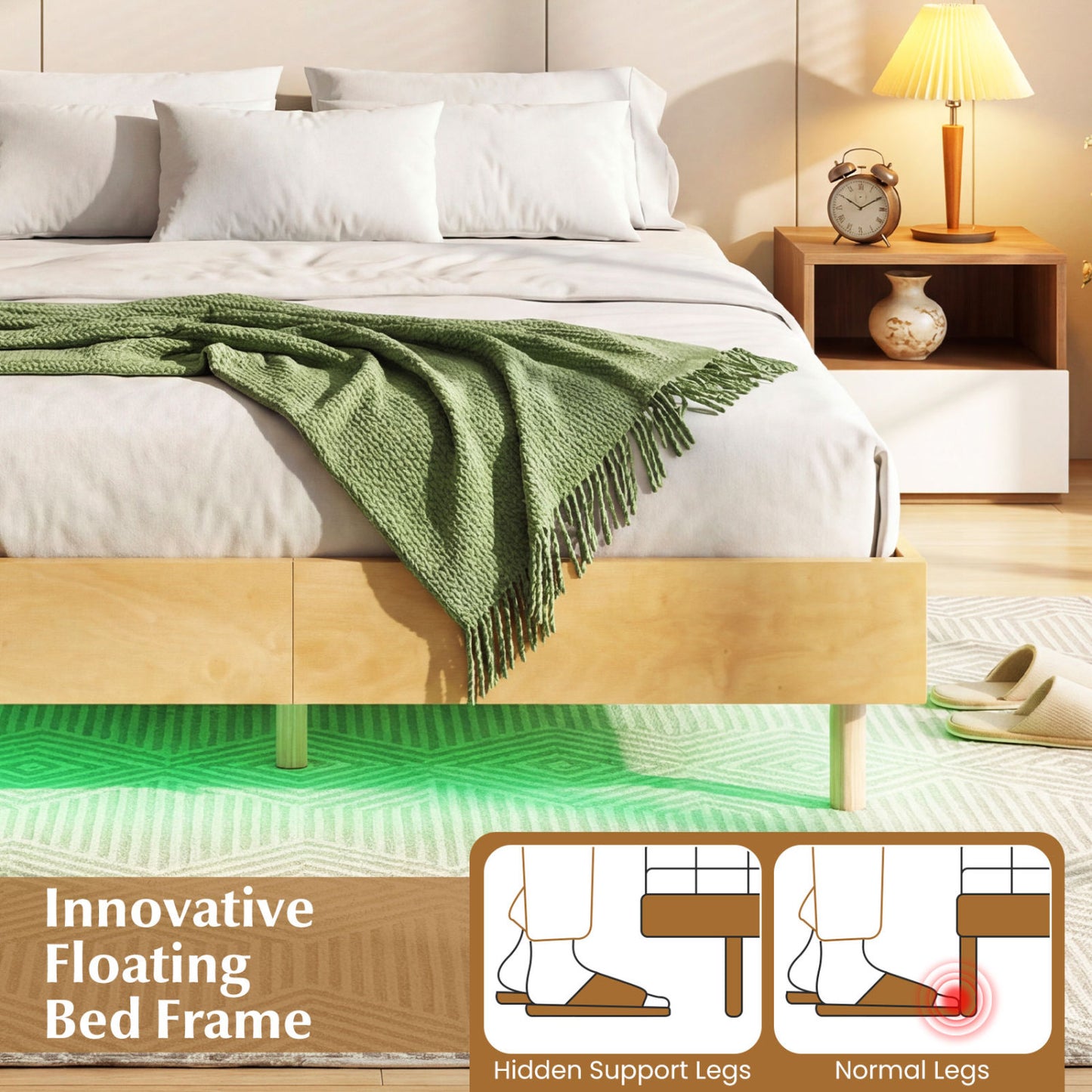 Queen Size Floating Bed Frame With LED Lights, Natural Beds & Bed Frames at Gallery Canada