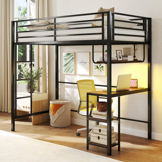 Twin Loft Bed with Desk, LED Lights, Charging Station, Black Bunk Bed Frame Black at Gallery Canada