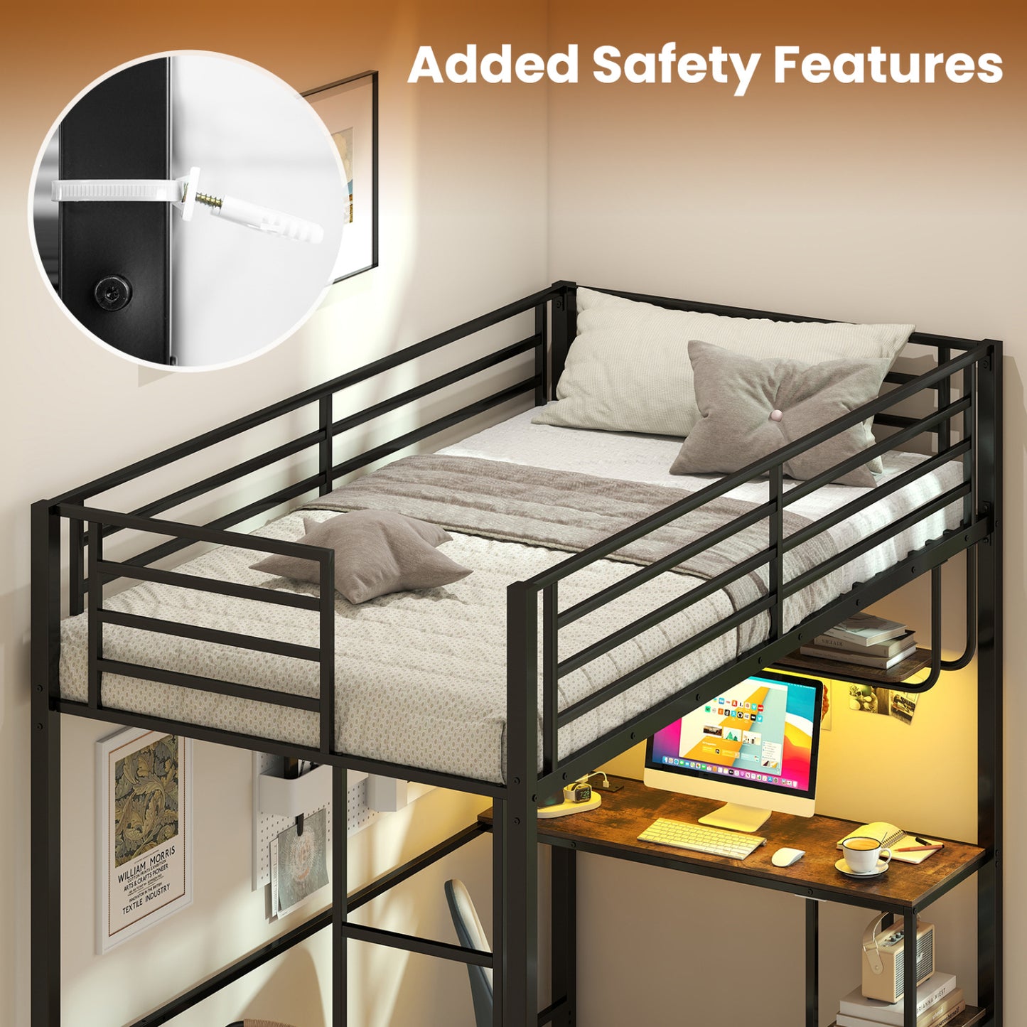 Twin Loft Bed with Desk, LED Lights, Charging Station, Black Bunk Bed Frame at Gallery Canada
