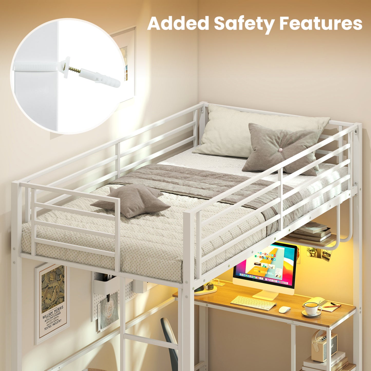 Twin Loft Bed With Desk LED Lights, Heavy-Duty Metal Frame, White Bunk Bed Frame at Gallery Canada