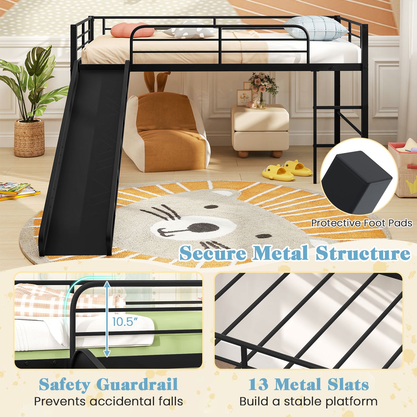 Twin Metal Loft Bed With Slide, Safety Guardrails, Built-In Ladder, Black