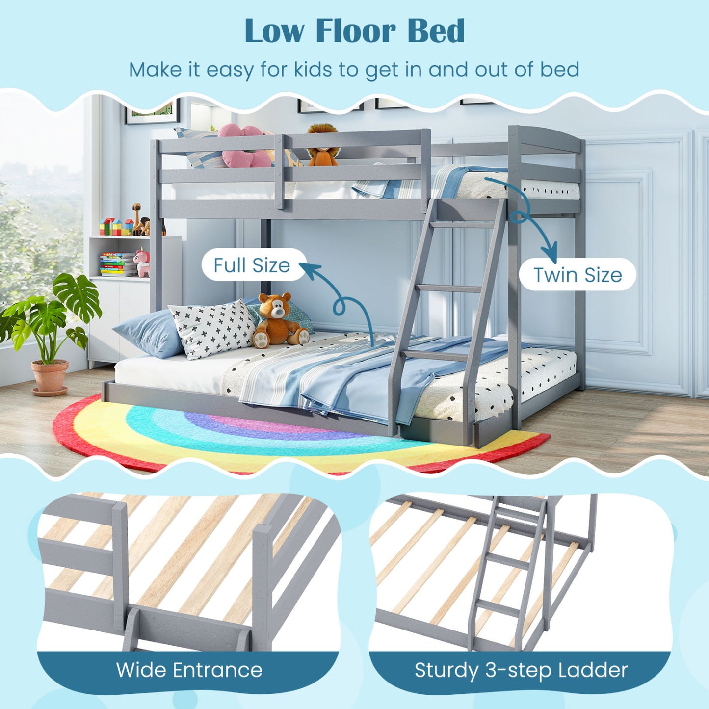 Twin Over Full Bunk Bed Frame, Low Floor, Gray Bunk Bed Frame at Gallery Canada