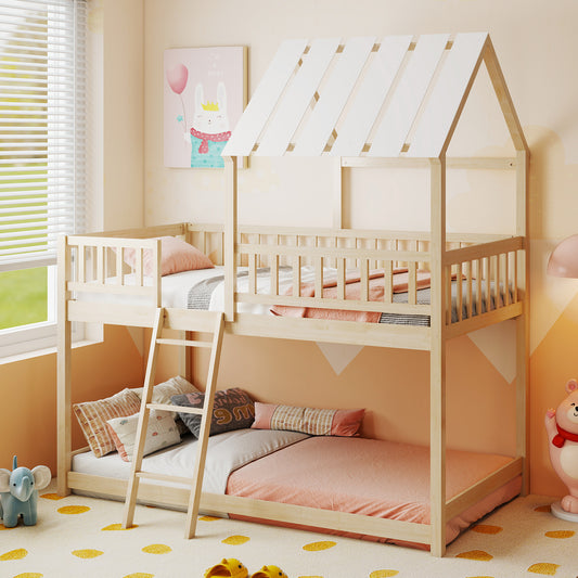 Twin Over Twin Bunk Bed With Roof, Guardrails, Natural Bunk Bed Frame Natural at Gallery Canada