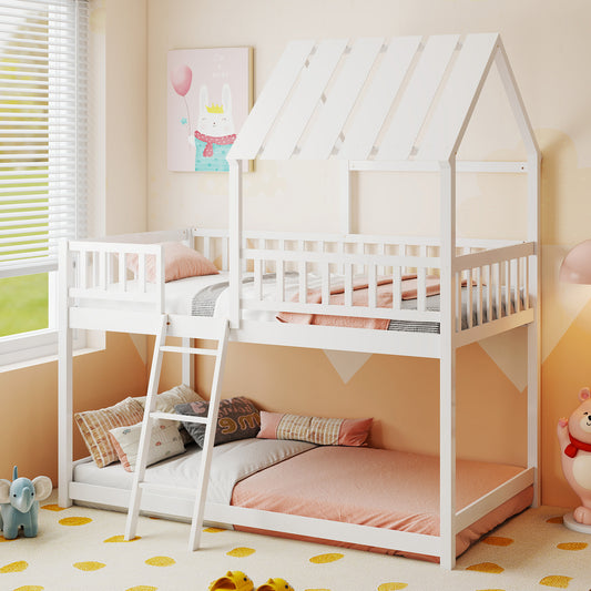 Twin Over Twin House Bunk Bed with Roof and Full-length Guardrails for Kids Teens Boys Girls, White Bunk Bed Frame White at Gallery Canada