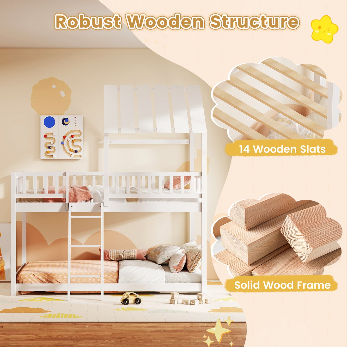 Twin Over Twin House Bunk Bed with Roof and Full-length Guardrails for Kids Teens Boys Girls, White Bunk Bed Frame at Gallery Canada