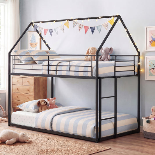 Twin Over Twin Metal Bunk Bed With Roof, Ladder, Black Bunk Bed Frame Black at Gallery Canada