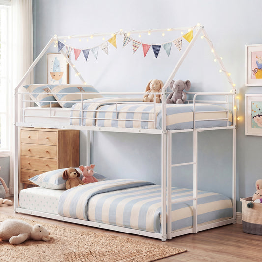 Twin Over Twin Metal Bunk Bed, Roof And Ladder, White Bunk Bed Frame White at Gallery Canada