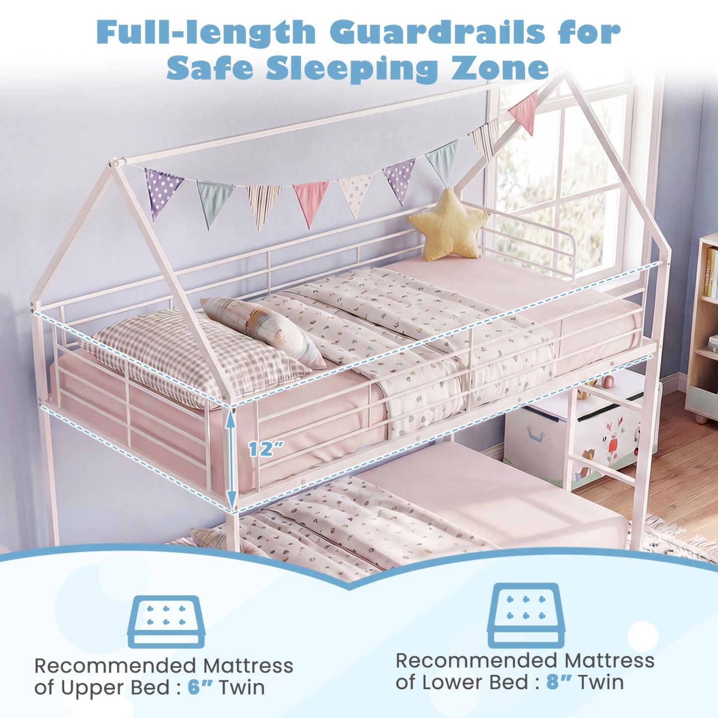 Twin Over Twin Metal Bunk Bed, Roof And Ladder, White Bunk Bed Frame at Gallery Canada