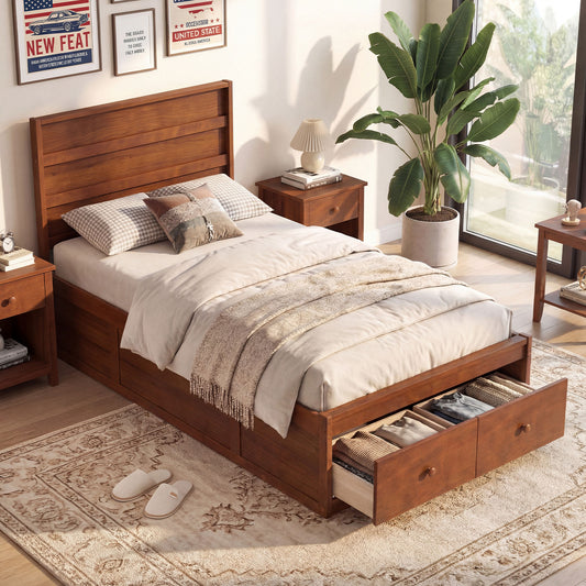 Twin Size Bed Frame with Storage Drawers and Headboard, Walnut Simple Bed Frame Walnut at Gallery Canada