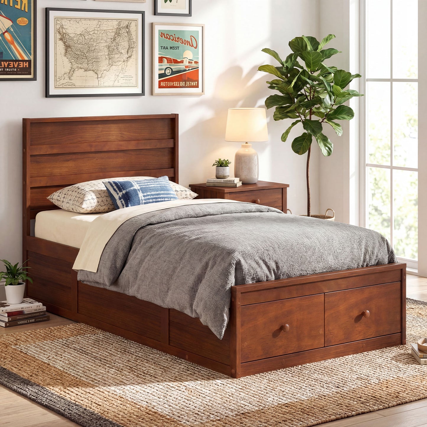 Twin Size Bed Frame with Storage Drawers and Headboard, Walnut Simple Bed Frame at Gallery Canada