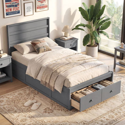 Twin Size Bed Frame with Storage Drawers and Headboard, Gray Simple Bed Frame Gray at Gallery Canada