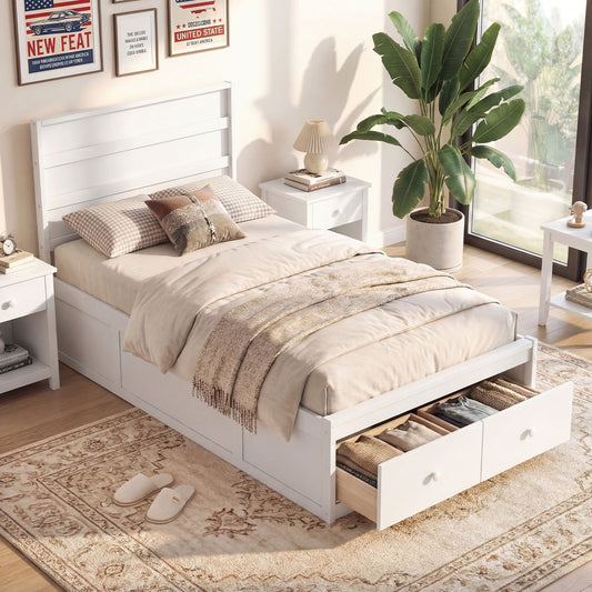 Twin Size Bed Frame with Storage Drawers and Headboard, White Simple Bed Frame White at Gallery Canada