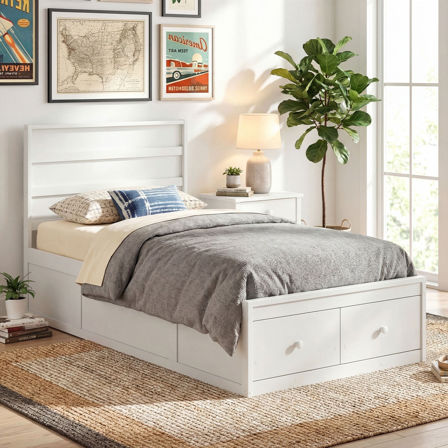 Twin Size Bed Frame with Storage Drawers and Headboard, White Simple Bed Frame at Gallery Canada