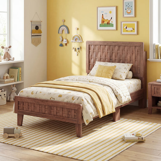 Twin Size Bed Frame, Mid Century, Woven Headboard, Walnut Simple Bed Frame Walnut at Gallery Canada