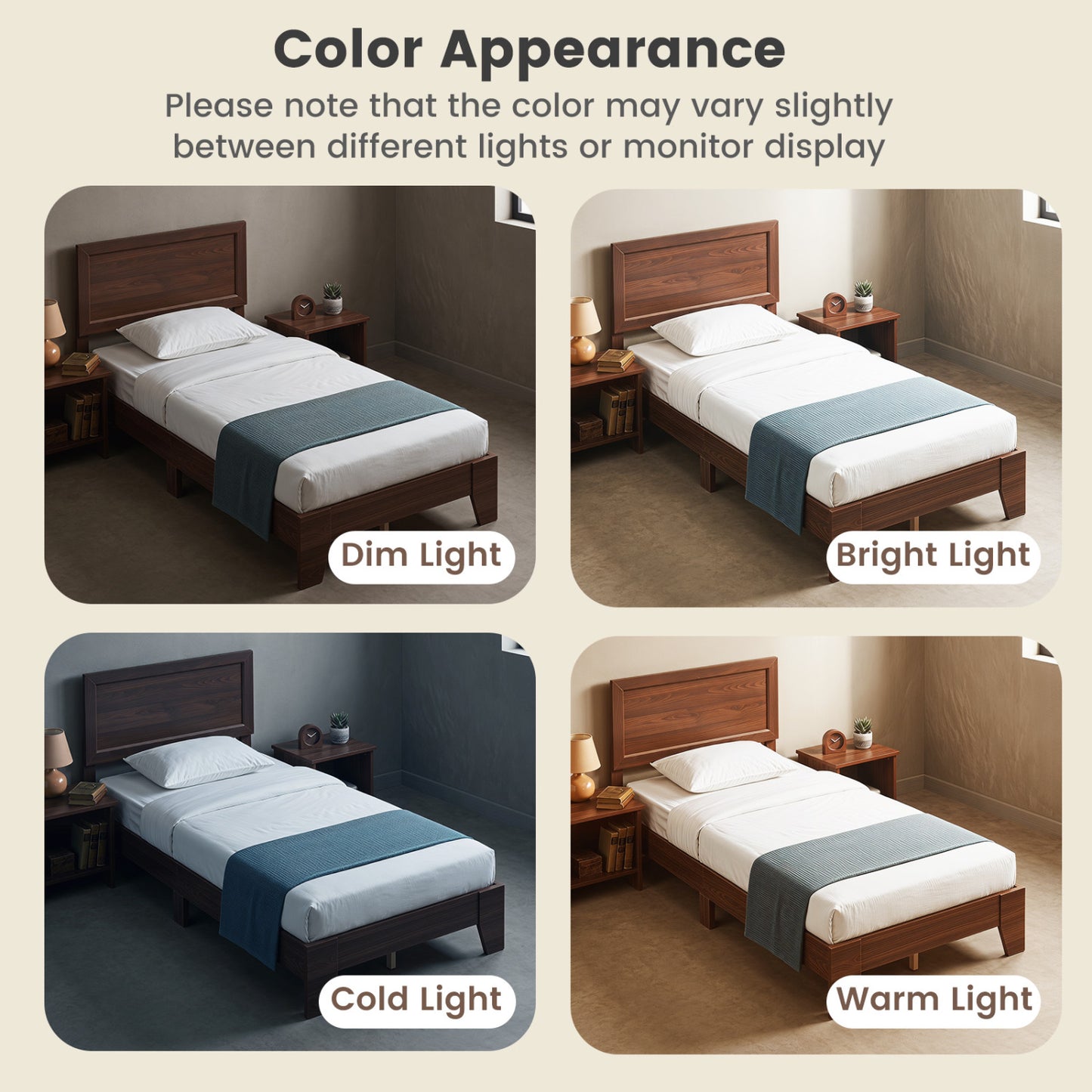 Twin Bed Frame with Headboard, No Box Spring Needed, Walnut