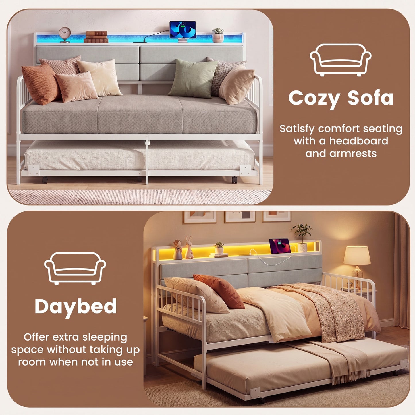 Twin Daybed With Trundle, Metal Frame, Headboard, White Trundle Bed Frame at Gallery Canada