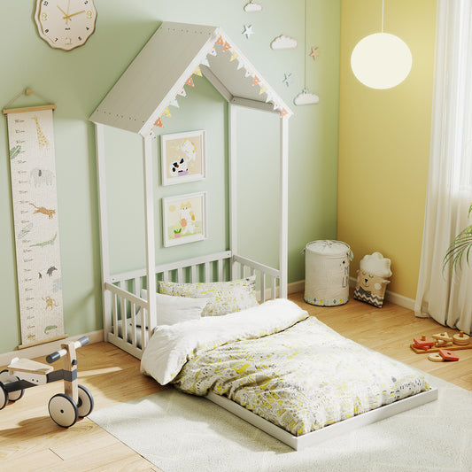 Twin Size House Bed, With Roof And Fence, White Toddler Beds White at Gallery Canada