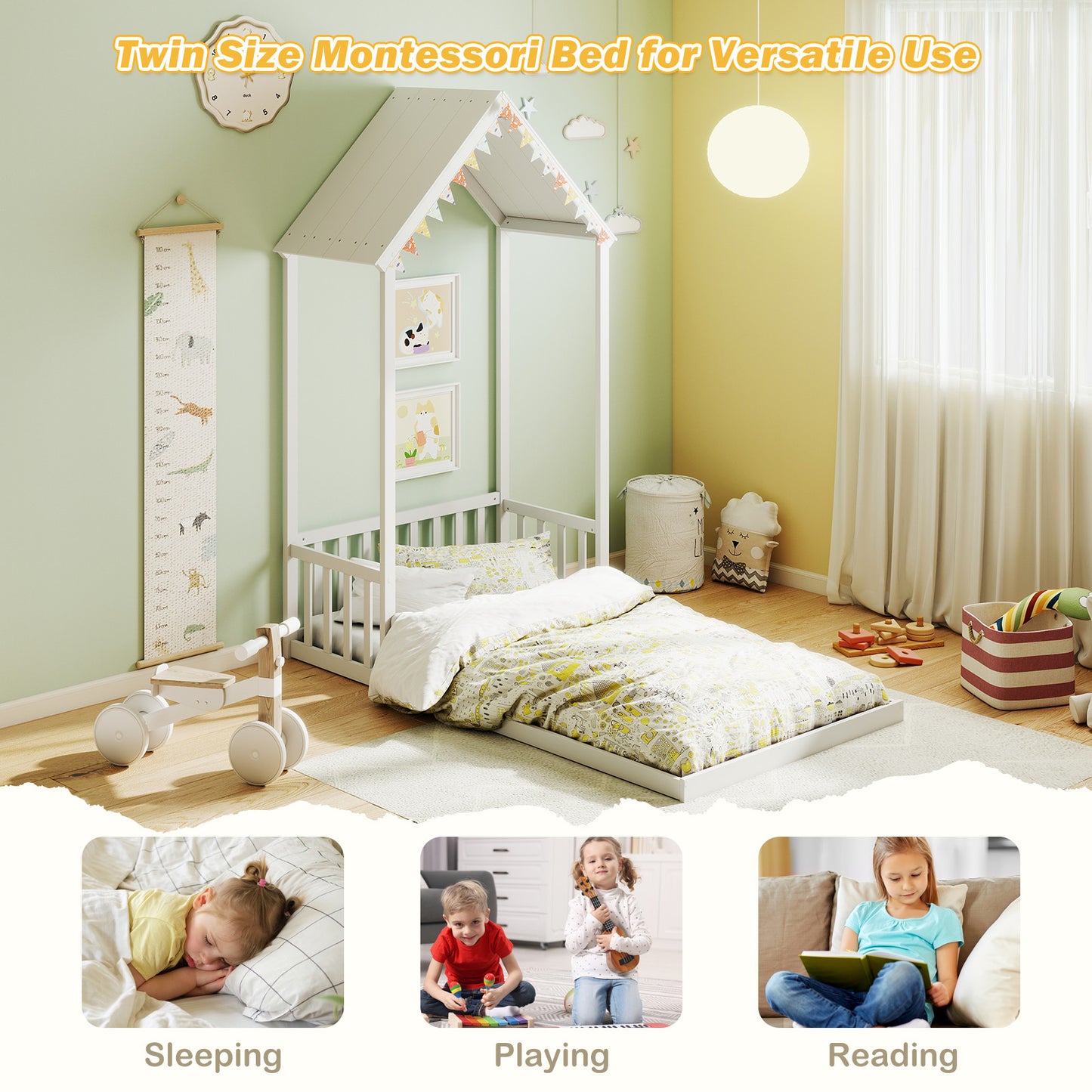 Twin Size House Bed with House Shape Roof and Semi-Fence, White Toddler Beds at Gallery Canada