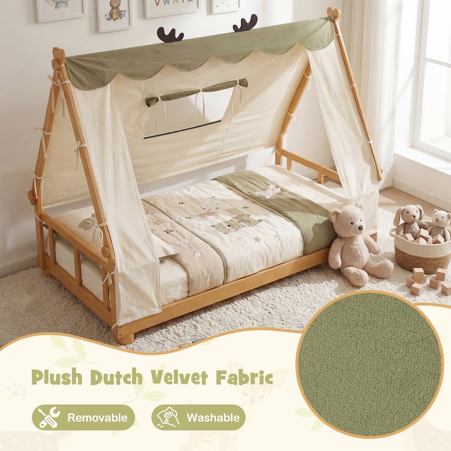 Twin Size Wood Bed With Tent, Natural Simple Bed Frame at Gallery Canada