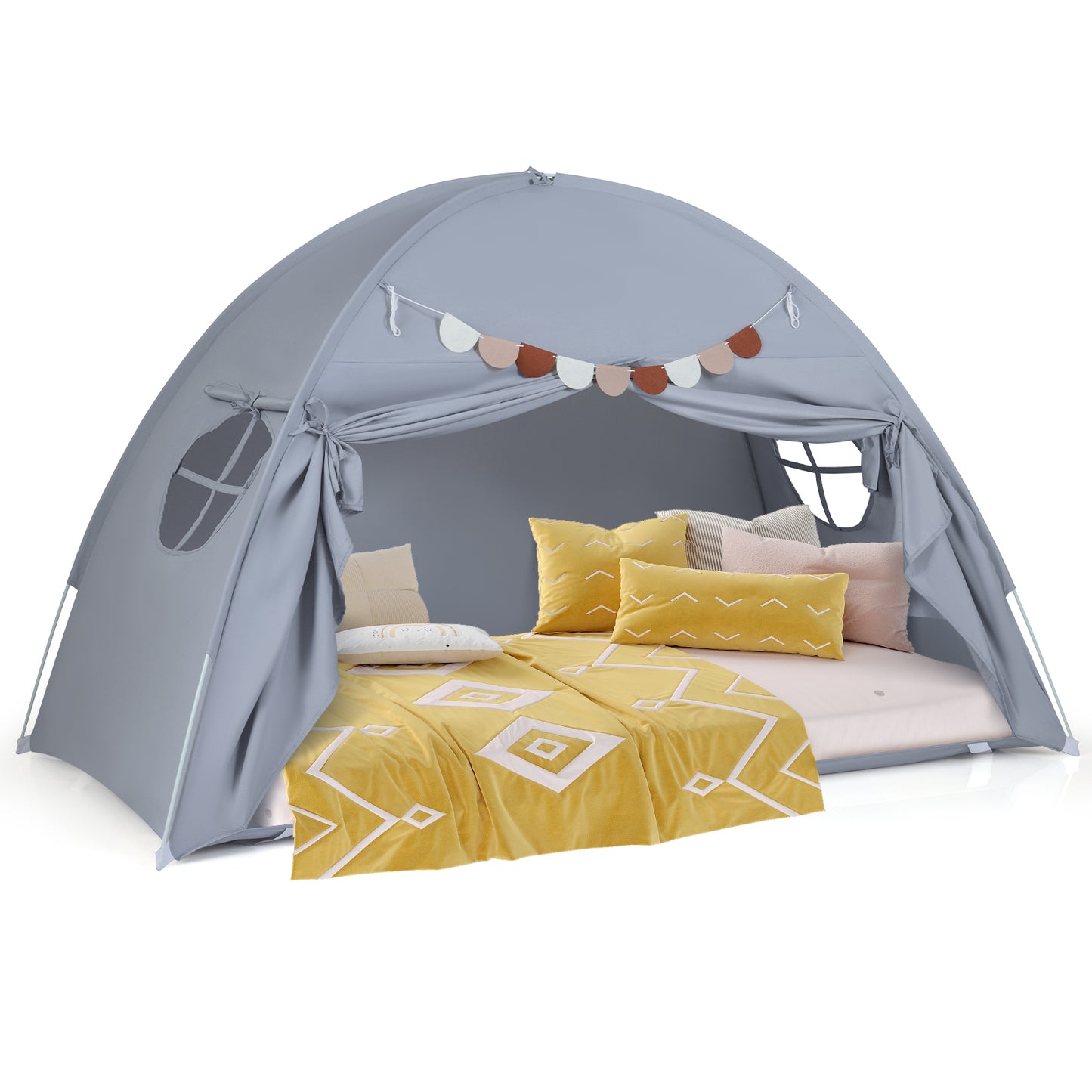 Twin Size Indoor Canopy Tent for Kids with 2 Window and Suits 3+-Grey, Gray Play Tents & Playhouse Gray at Gallery Canada