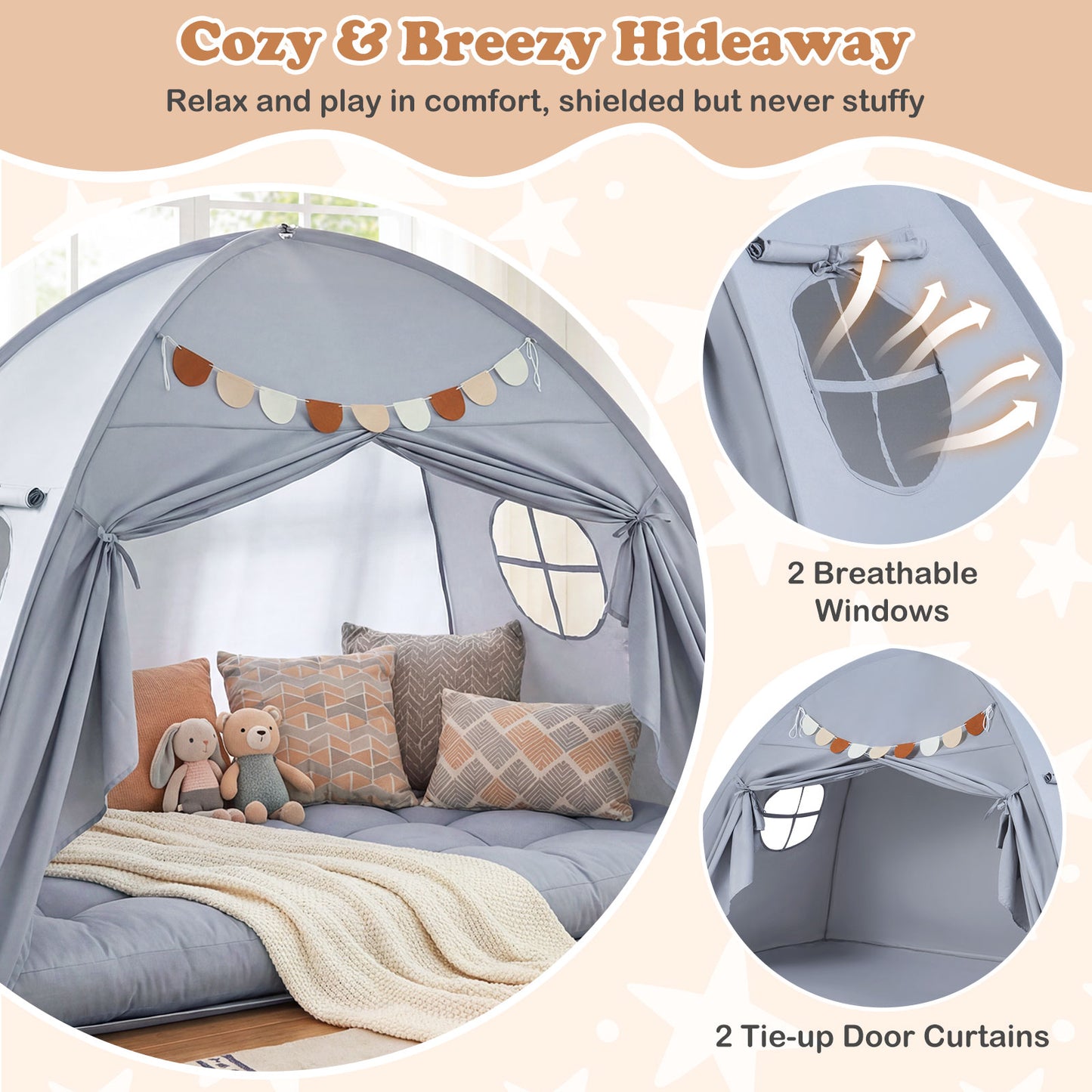 Twin Size Indoor Canopy Tent for Kids with 2 Window and Suits 3+-Grey, Gray Play Tents & Playhouse at Gallery Canada
