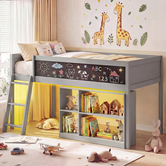 Twin Size Kids Loft Bed with LED Lights and Removable Bookcase, Gray Bunk Bed Frame Gray at Gallery Canada