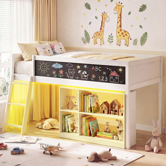 Twin Size Kids Loft Bed with LED Lights and Removable Bookcase, White Bunk Bed Frame White at Gallery Canada
