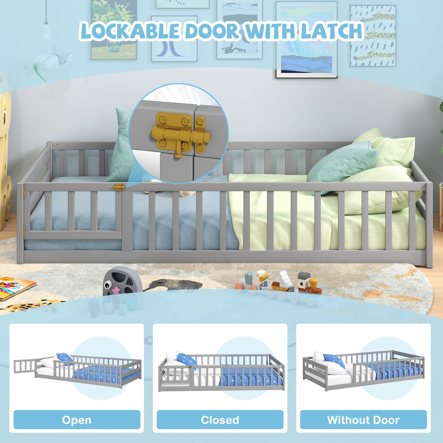 Twin Size Kids Wood Montessori Floor Bed, Gray Toddler Beds at Gallery Canada
