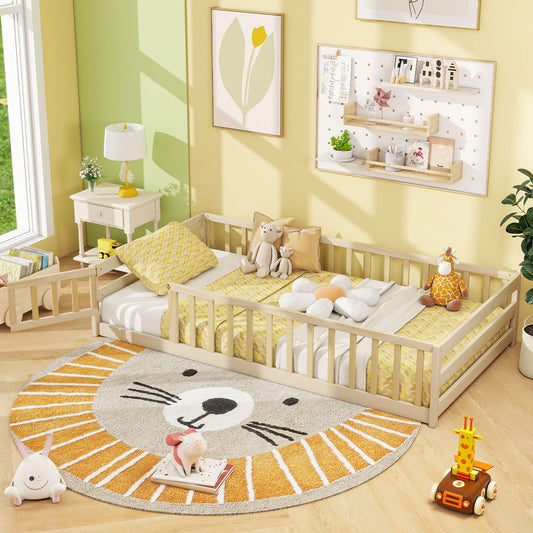 Twin Size Kids Wood Montessori Floor Bed, Door Fence, Natural Toddler Beds Natural at Gallery Canada