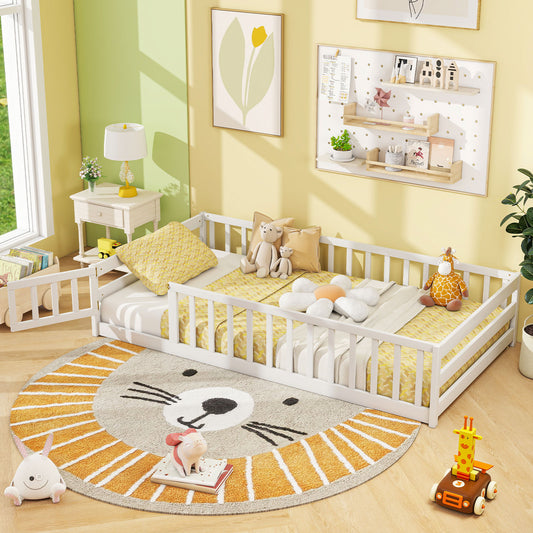 Twin Size Kids Wood Montessori Floor Bed with Door and Fence, White Toddler Beds White at Gallery Canada
